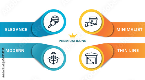 shipping and handly outline icons with infographic template. thin line icons such as search worldwide, package checking, delivering, stack in depot vector.