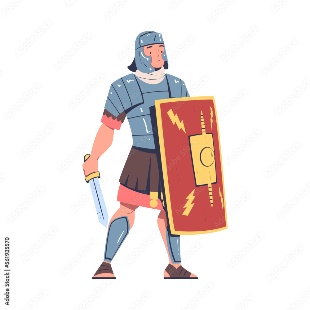Ancient Man Gladiator as Roman Character with Shield and Sword Vector Illustration