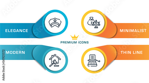 law and justice outline icons with infographic template. thin line icons such as police hat, property and finance, inheritance law, stenographer vector.