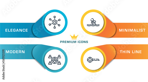 seo and online marketing outline icons with infographic template. thin line icons such as project scheme, employing, waterpolo, keywords vector.