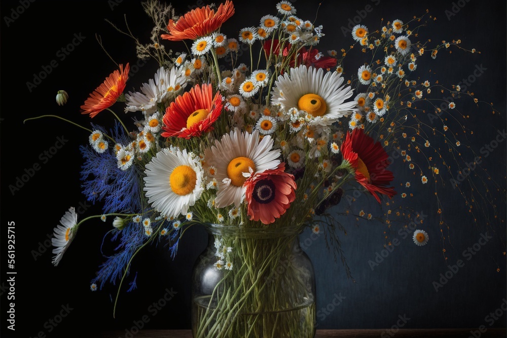  a vase filled with lots of different colored flowers on a table next to a wall and a black background with a blue wall behind it and a few white and orange flowers in the middle. Generative AI 