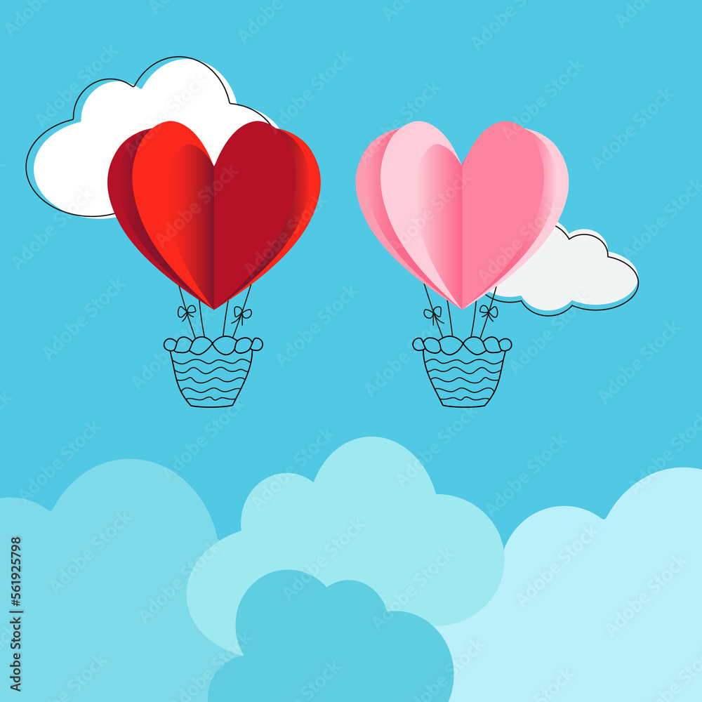 Valentine's day card with red and pink balloons in the blue sky