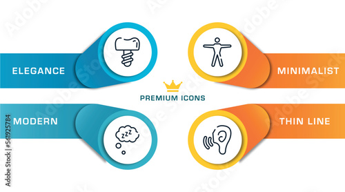 medicine and health outline icons with infographic template. thin line icons such as dentist tooth with metallic root, zzz sleep, human body standing, ear increase audio vector.