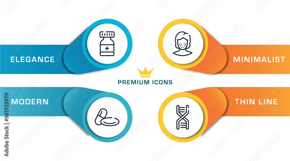 medicine outline icons with infographic template. thin line icons such as medicine container, 2 pills, pimples, chromosome string vector. medicine outline icons with infographic template. thin line icons such as medicine container, 2 pills, pimples, chromosome string vector.