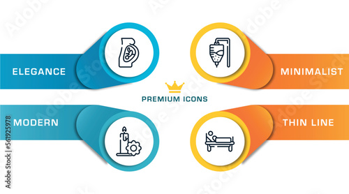 health outline icons with infographic template. thin line icons such as fetus, candle flower, medicine hanging bag, patient in hospital bed vector.