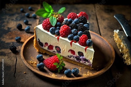  a piece of cheesecake with berries on top on a plate with a fork and knife next to it on a wooden table with a spoon and a piece of cake on it with a plate. Generative AI 