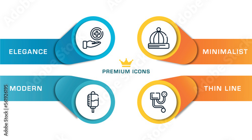 blood donation outline icons with infographic template. thin line icons such as medical service, drop counter, baby hat, blood pressure meter vector.
