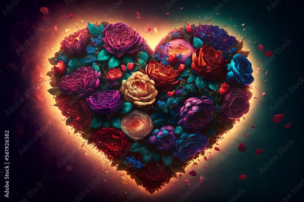 Perfect dark heart background made of different colored roses, with a glow at the back, ideal for weddings and Valentine's day