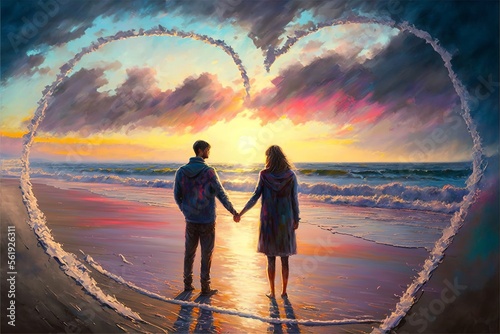 Happy couple romatically holding hands at the beach photo