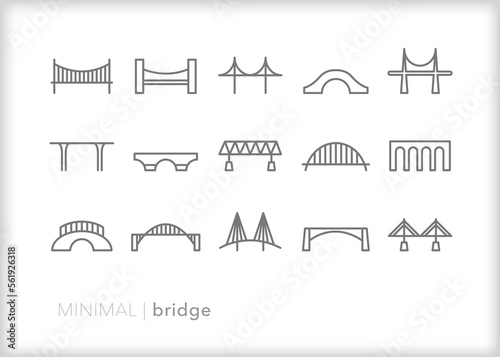 Photo Set of bridge line icons of different types of infrastructure for transportation