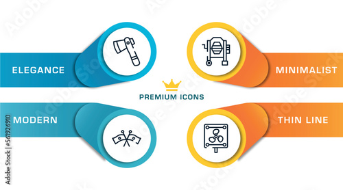 work tools outline icons with infographic template. thin line icons such as inclined ax, flags crossed, concrete mixer tool, vent vector.