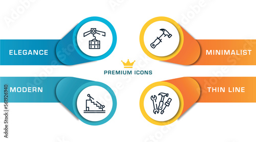 constructicons outline icons with infographic template. thin line icons such as derrick with load, stairs with handle, hammer tool, three tools vector.