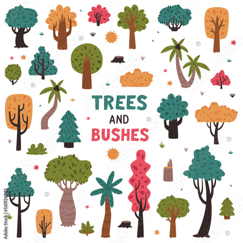 Trees and Bushes as Outdoor Landscape Element and Foliage Vector Set