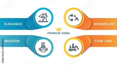 construction outline icons with infographic template. thin line icons such as painting home, anchor navigational tool, hinery parts, construction excavator vector.