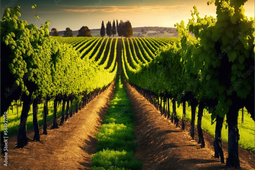  a vineyard with rows of trees and grass in the foreground, and a sunset in the background, with a distant distant sky, in the foreground, a dirt path, with. Generative AI 