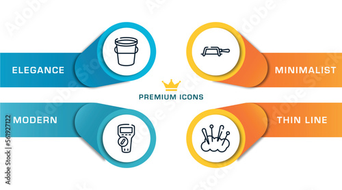 fashion design outline icons with infographic template. thin line icons such as water bucket, multimeter, fretsaw, cushion vector.