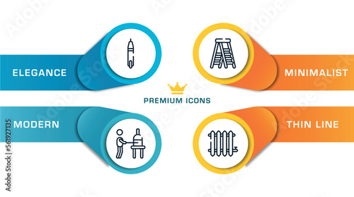 plumber outline icons with infographic template. thin line icons such as voltage indicator, glassblowing, stepladder, radiator vector.