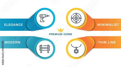 handcraft outline icons with infographic template. thin line icons such as hand drill, barricade, extractor, rhinestone vector.