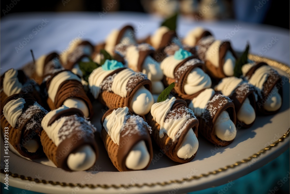 a plate of desserts with white and chocolate frosting on them and a blue ribbon on the edge of the plate and a blue table cloth on the table cloth with a white cloth. Generative AI a plate of desserts with white and chocolate frosting on them and a blue ribbon on the edge of the plate and a blue table cloth on the table cloth with a white cloth. Generative AI