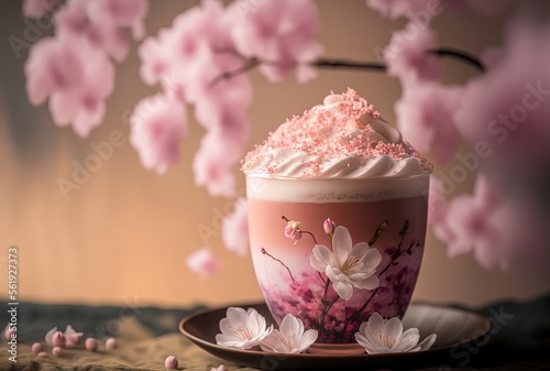 beautiful romance Cherry flower beverage serve in glass with cherry blossom branch, Spring season and national spring festival theme drink, idea for background or wallpaper Generative Ai