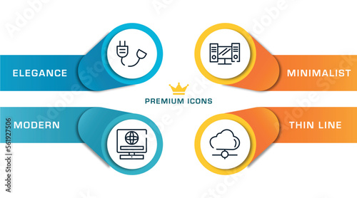 cloud service outline icons with infographic template. thin line icons such as power cable, online service, workstation, cloud network vector.