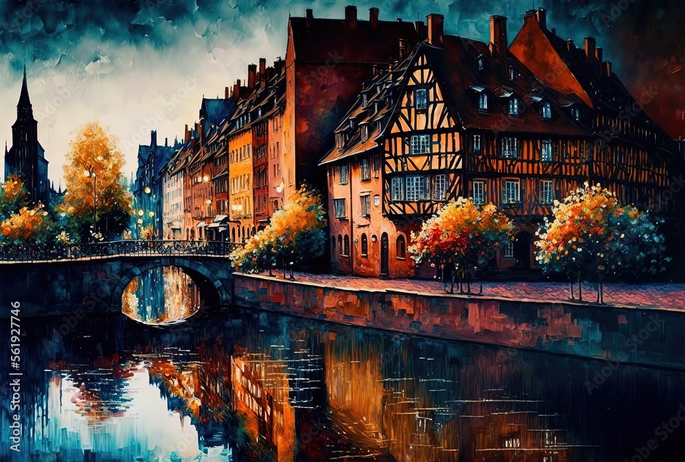 Obraz premium illustration with brush stroke texture, oil painting style, cityscape view inspired from Colmar, France Generative Ai