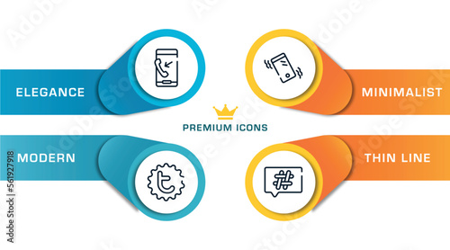 social media outline icons with infographic template. thin line icons such as outgoing call, tweet, phone on vibrational mode, hash vector.