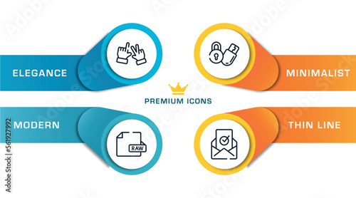 email outline icons with infographic template. thin line icons such as , raw file, locking, verified vector.