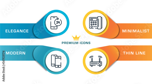 communication outline icons with infographic template. thin line icons such as smartphone 24 hours service, smartphones couple, office telephone, modem vector.