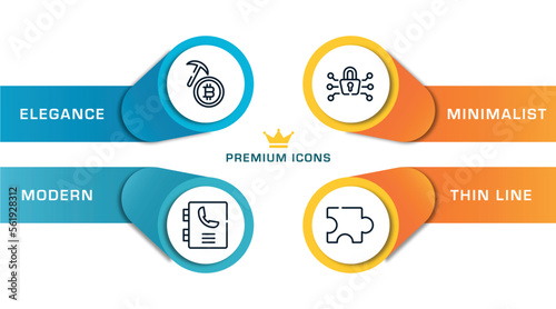 strategy and management outline icons with infographic template. thin line icons such as bitcoin mining, phonebook, cryptography, puzzle piece vector.