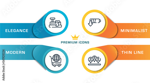 seo and business outline icons with infographic template. thin line icons such as cashier hine, world wide shopping, low energy, viral vector.