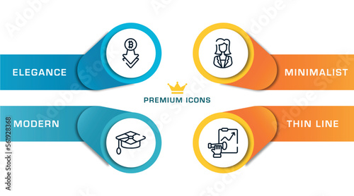 global business outline icons with infographic template. thin line icons such as decline, mortarboard, businesswoman, forecast vector.