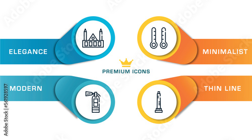 linear monuments outline icons with infographic template. thin line icons such as chartres cathedral, extinguishing, thermometers, walled obelisk vector.