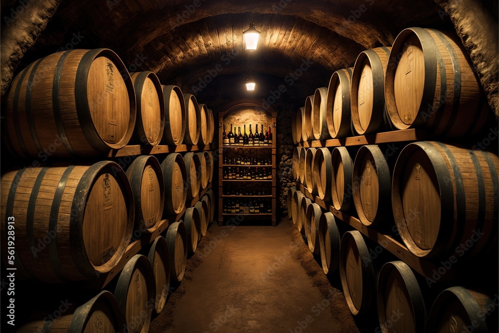  a tunnel of wine barrels in a winery with a light on the ceiling and a row of wine bottles in the middle of the tunnel, with a light on the wall, and a. Generative AI 