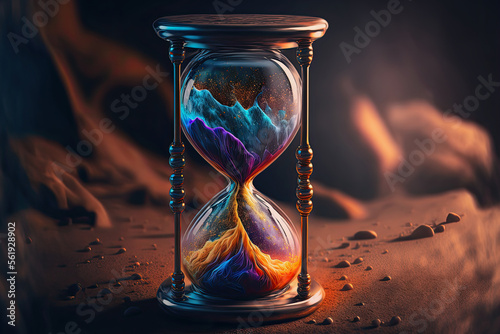 ai midjourney generative illustration of an hourglass with colorful sand photo