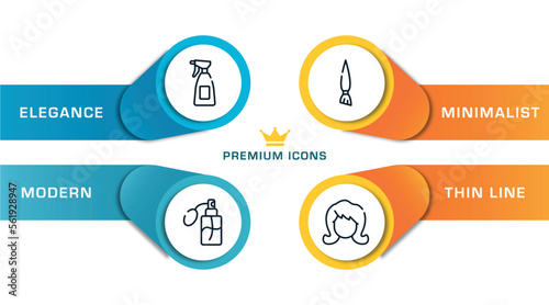 hair salon outline icons with infographic template. thin line icons such as hair salon spray bottle and can, perfume, angle brush, woman hair vector.