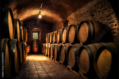  a tunnel with many barrels of wine in it and a light at the end of the tunnel is a window that is lit up above the barrels of wine are lined up in a row. Generative AI 