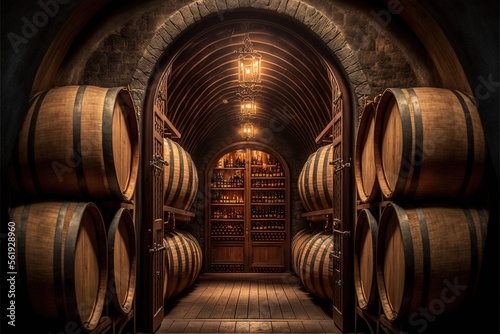 Fotobehang a tunnel with wine barrels in it and a light hanging from the ceiling above it and a brick floor and a brick wall with a light fixture on the ceiling above it and a brick