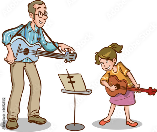 girl learning to play guitar and music teachercartoon vector