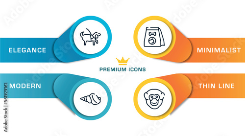 fauna outline icons with infographic template. thin line icons such as guide dog, conch, cat food, chimpanzee head vector.