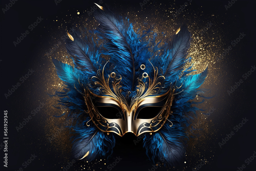 Golden mask with feathers. Venice Carnival concept. 