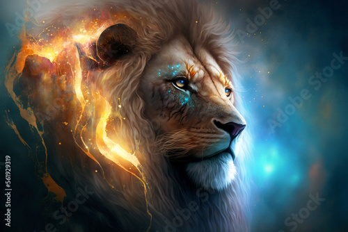 Mythical portrait of a lion on black.