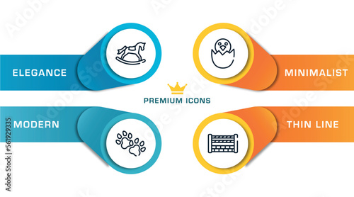 horses outline icons with infographic template. thin line icons such as rocker horse, dog paw, bird in broken egg, fence for horses jumps vector.