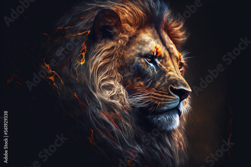 Mythical portrait of a lion on black.