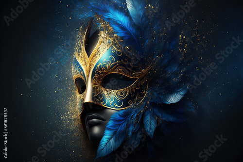 Golden mask with feathers. Venice Carnival concept. 