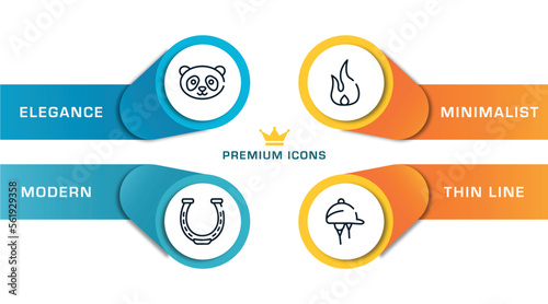 horses outline icons with infographic template. thin line icons such as panda face, horseshoe, fire flame, hat for a jockey vector.