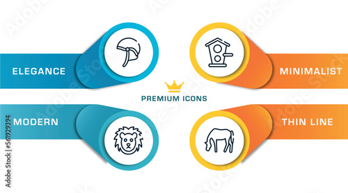 horses outline icons with infographic template. thin line icons such as jockey hat, lion face, birds home, horse grazing vector.