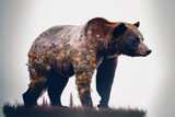 Double exposure of a bear and flowers