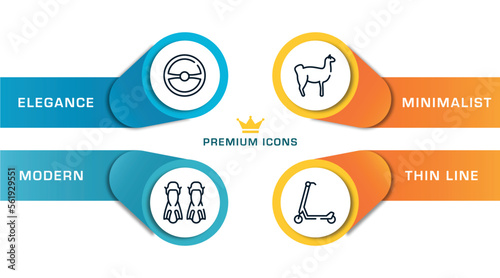 city park outline icons with infographic template. thin line icons such as steering wheel, flippers, llama, scooter vector.