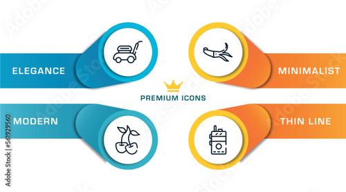 hunting outline icons with infographic template. thin line icons such as lawn mower, cherry, squid, walkie talkie vector.